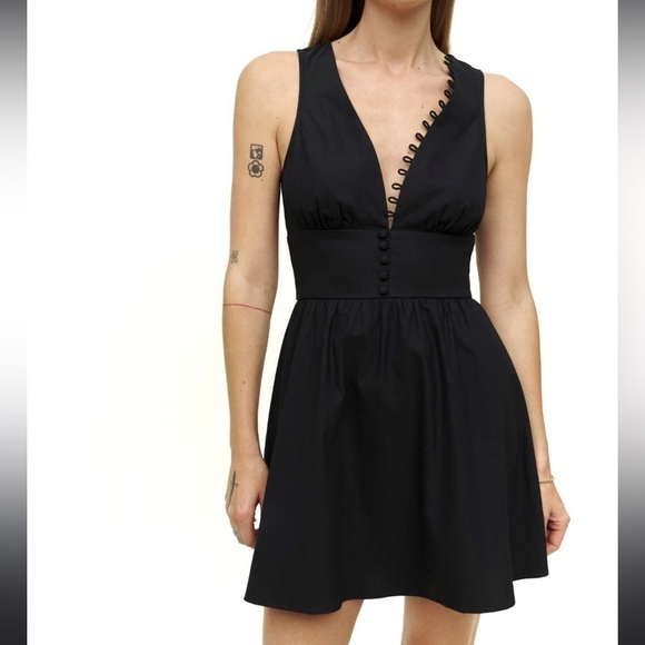 REFORMATION BLACK BUTTON MINI Isador Dress SIZE 2 Fitted waist low V summer mini